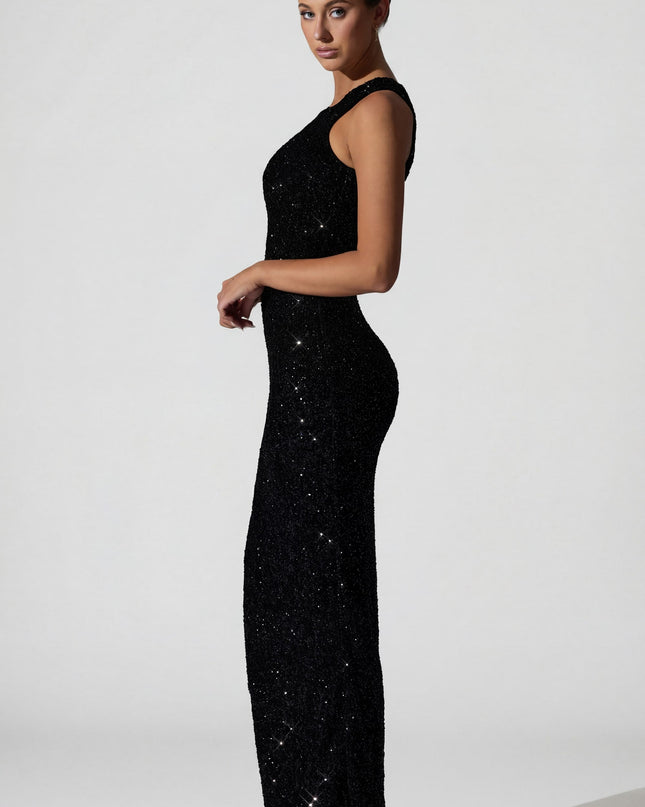 Black Embellished Asymmetric Cut-Out Gown