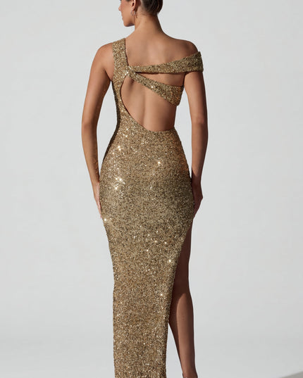 Gold Embellished Asymmetric Cut-Out Gown