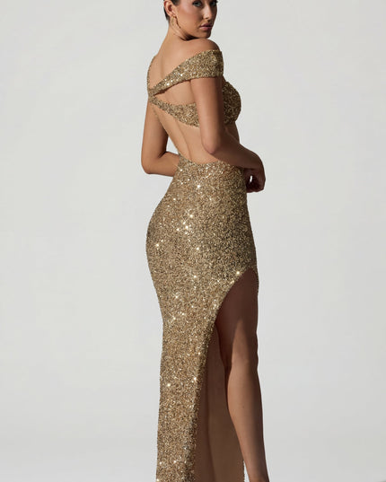 Gold Embellished Asymmetric Cut-Out Gown