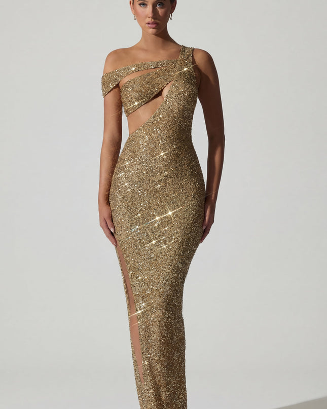 Gold Embellished Asymmetric Cut-Out Gown