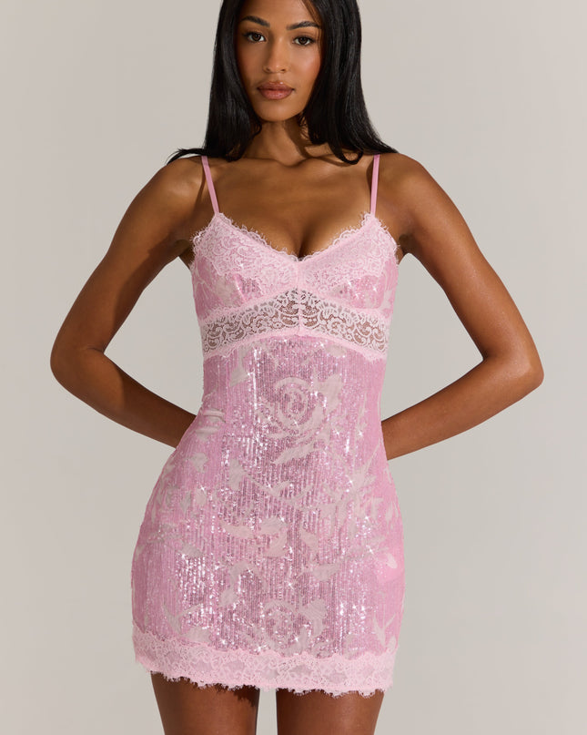 Blossom Pink Embellished Lace-Trim Mini Dress