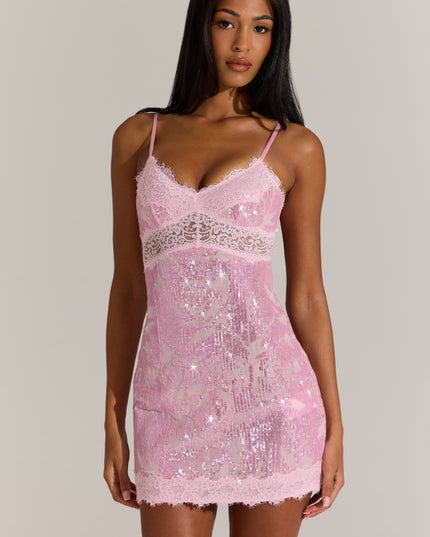 Blossom Pink Embellished Lace-Trim Mini Dress