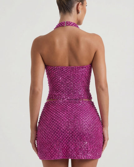 Magenta Embellished Heart-Detail A-Line Micro Mini Skirt