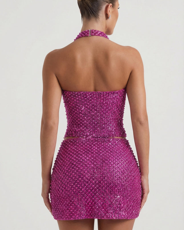 Magenta Embellished Heart-Detail A-Line Micro Mini Skirt