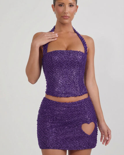 Purple Embellished Heart-Detail A-Line Micro Mini Skirt