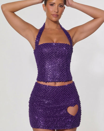 Purple Embellished Heart-Detail A-Line Micro Mini Skirt
