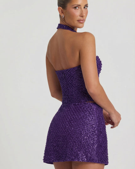 Purple Embellished Heart-Detail A-Line Micro Mini Skirt