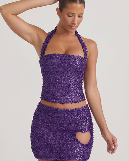 Purple Embellished Heart-Detail A-Line Micro Mini Skirt