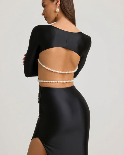 Black Pearl-Detail Cut-Out Maxi Dress