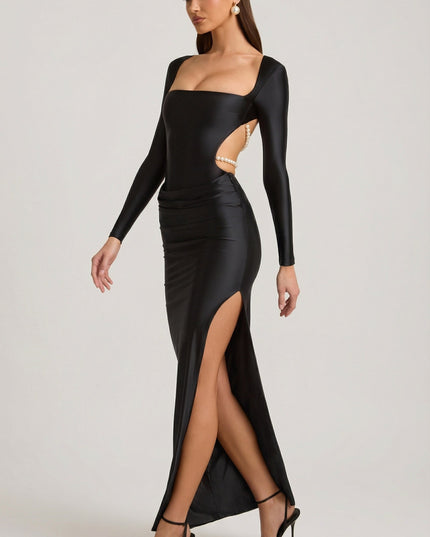 Black Pearl-Detail Cut-Out Maxi Dress