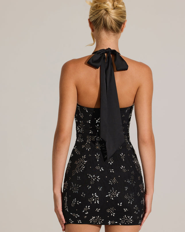 Black Embellished Sweetheart-Neck Mini Dress