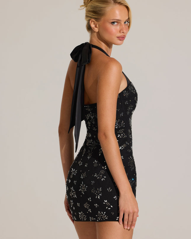 Black Embellished Sweetheart-Neck Mini Dress