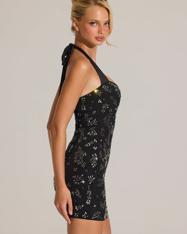 Black Embellished Sweetheart-Neck Mini Dress