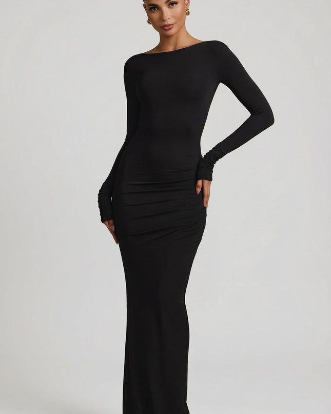 Black Modal Ruched Backless Maxi Dress
