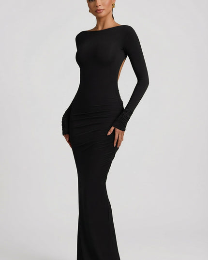 Black Modal Ruched Backless Maxi Dress
