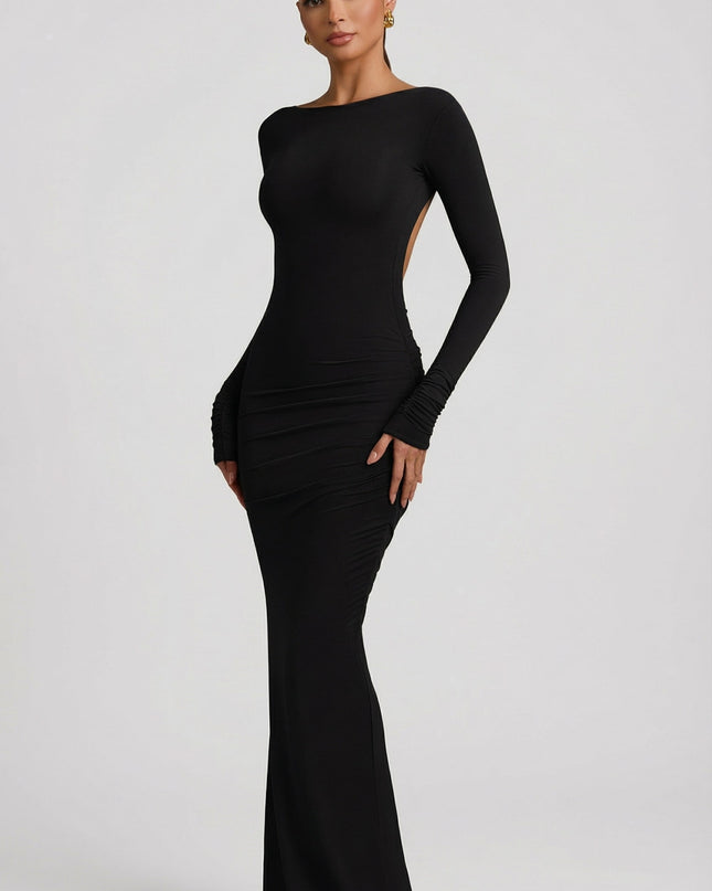 Black Modal Ruched Backless Maxi Dress