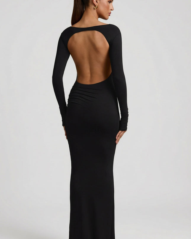 Black Modal Ruched Backless Maxi Dress