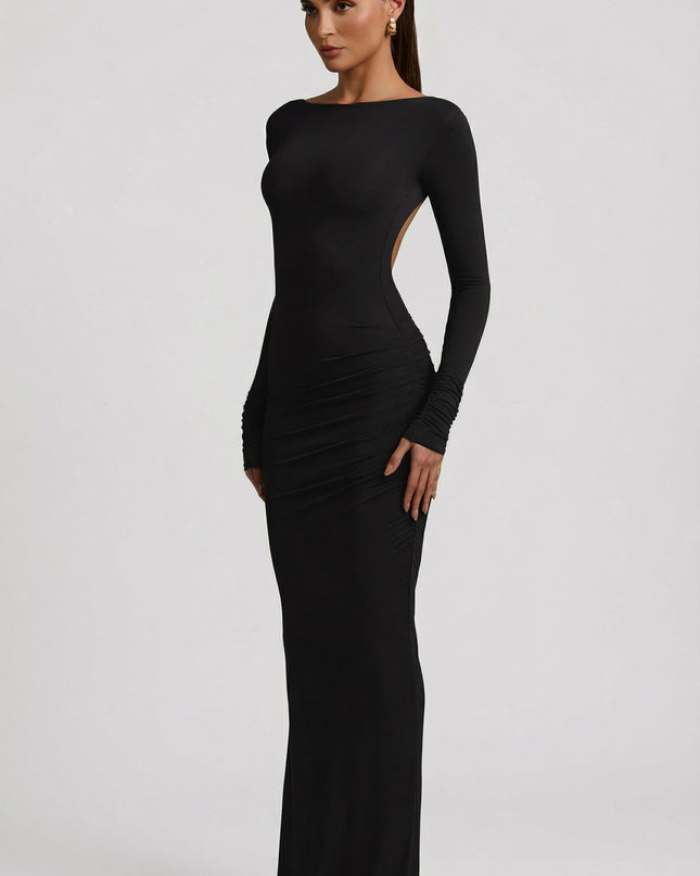Black Modal Ruched Backless Maxi Dress