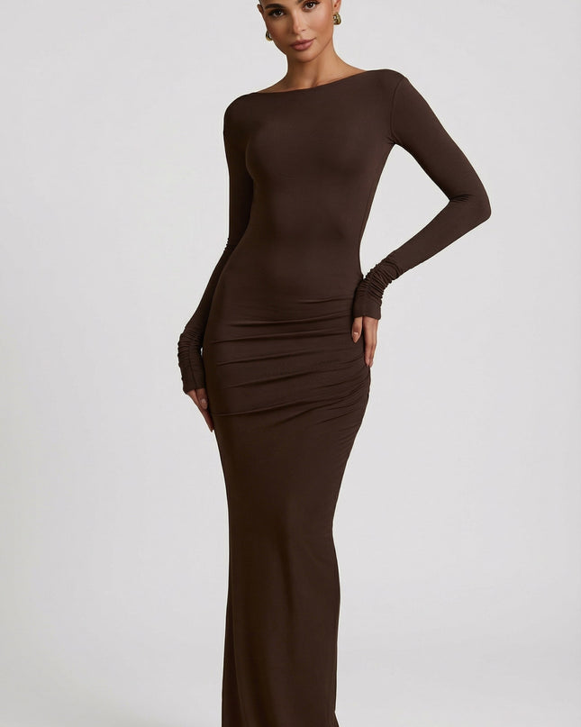 Chocolate Brown Modal Ruched Backless Maxi Dress