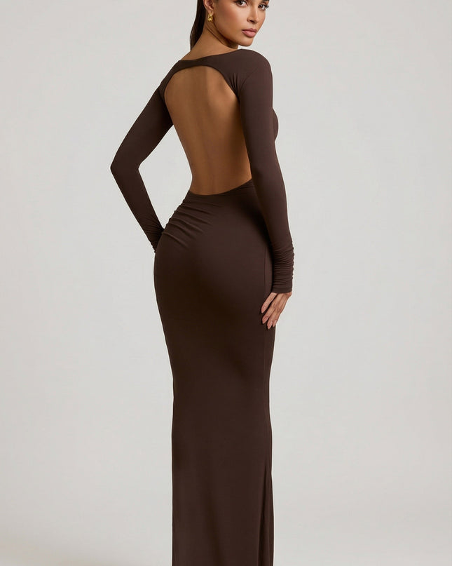 Chocolate Brown Modal Ruched Backless Maxi Dress