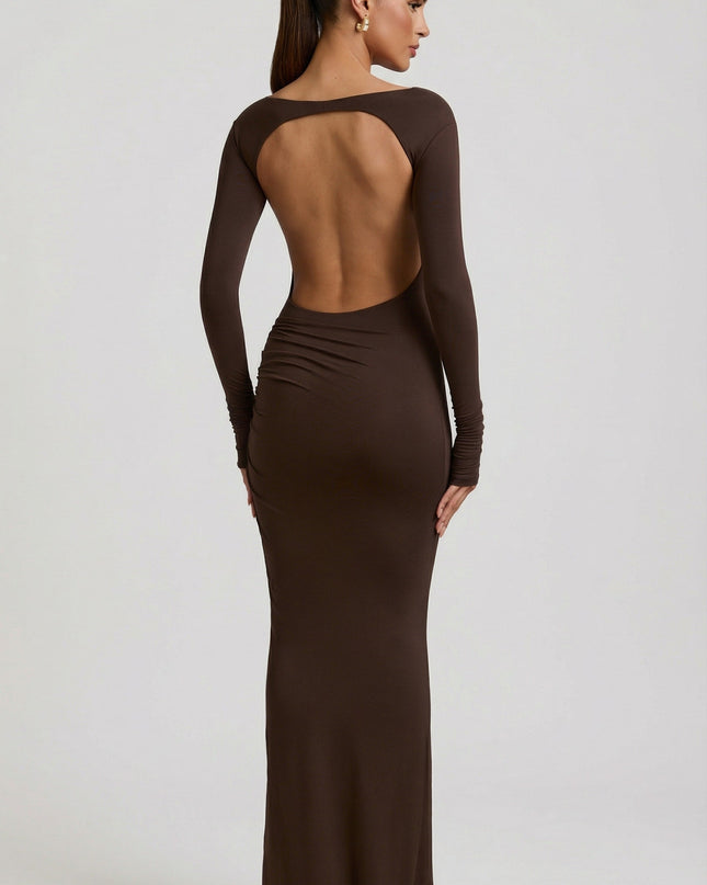Chocolate Brown Modal Ruched Backless Maxi Dress