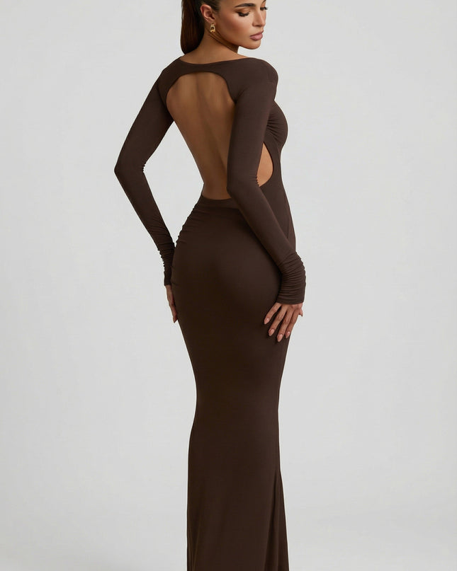 Chocolate Brown Modal Ruched Backless Maxi Dress