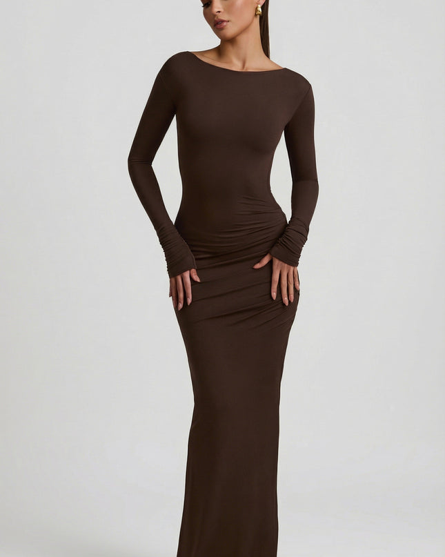 Chocolate Brown Modal Ruched Backless Maxi Dress