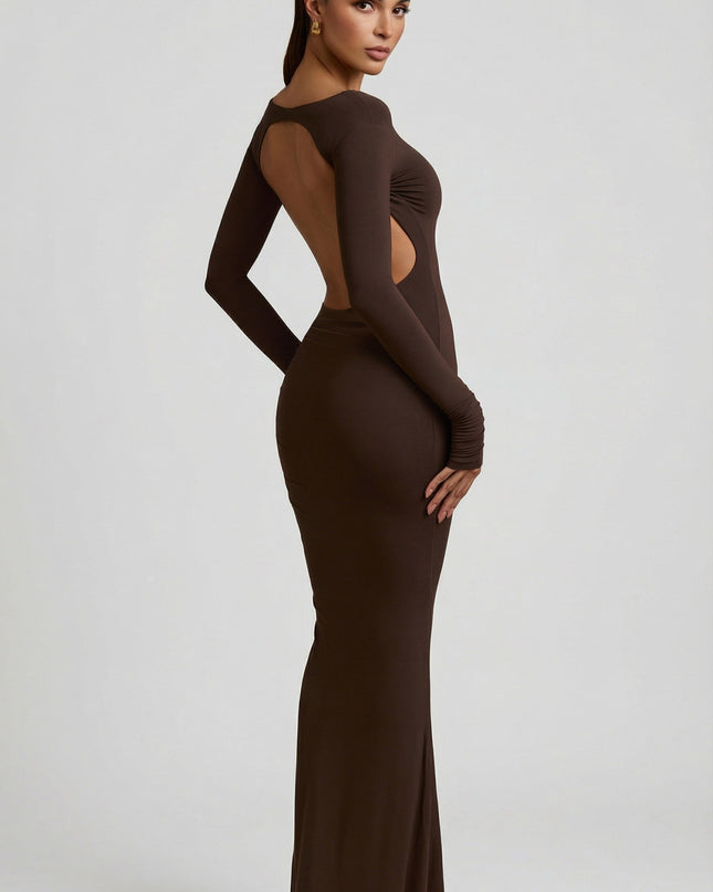 Chocolate Brown Modal Ruched Backless Maxi Dress