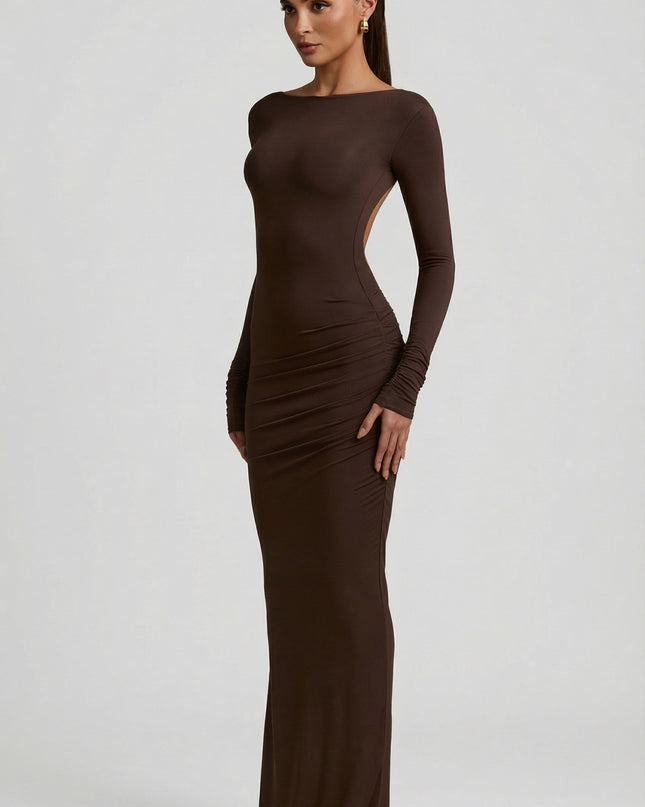 Chocolate Brown Modal Ruched Backless Maxi Dress