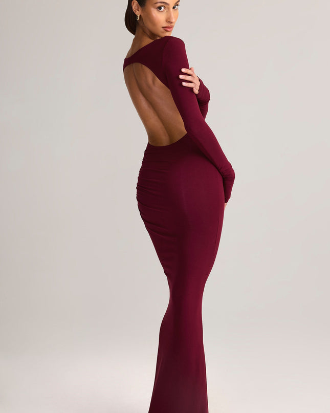 Wine Modal Ruched Backless Maxi Dress