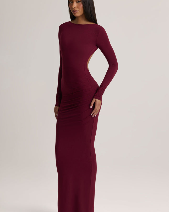 Wine Modal Ruched Backless Maxi Dress