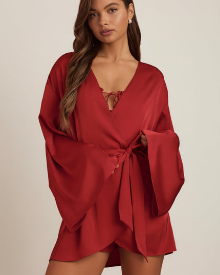 Ruby Red Embellished Loose-Fit Wrap-Over Robe