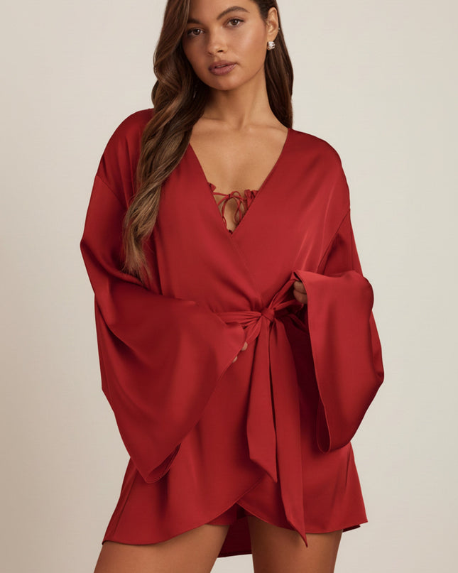 Ruby Red Embellished Loose-Fit Wrap-Over Robe