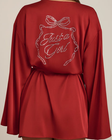 Ruby Red Embellished Loose-Fit Wrap-Over Robe