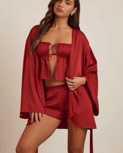 Ruby Red Embellished Loose-Fit Wrap-Over Robe