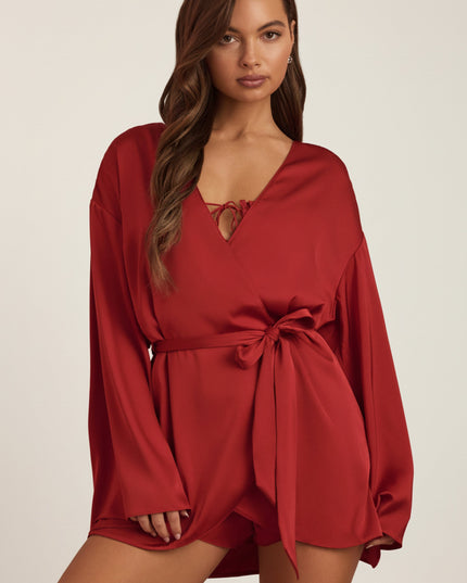 Ruby Red Embellished Loose-Fit Wrap-Over Robe
