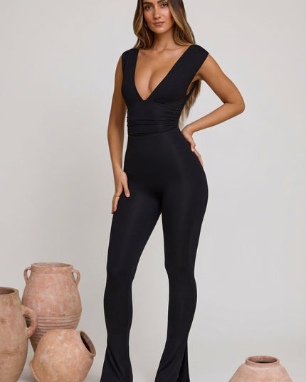 Black Plunge Neck Ruched Waist Jumpsuit