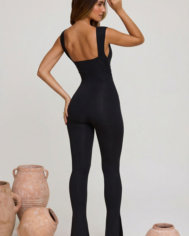Black Plunge Neck Ruched Waist Jumpsuit