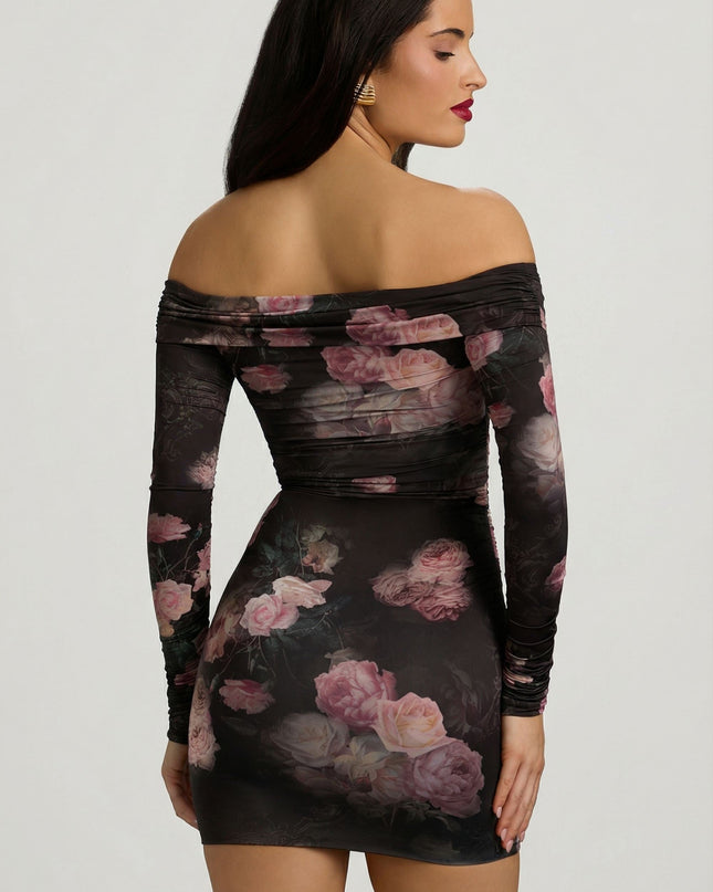 Black Floral Print Off-Shoulder Ruched Bodycon Mini Dress