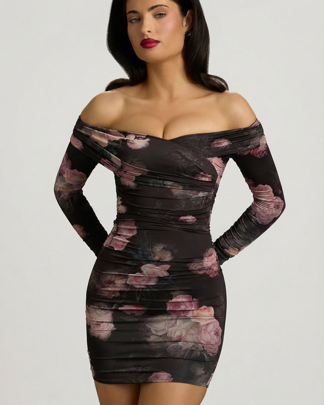 Black Floral Print Off-Shoulder Ruched Bodycon Mini Dress