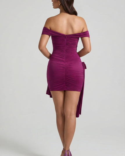Plum Floral-Detail Off-Shoulder Ruched Bodycon Mini Dress