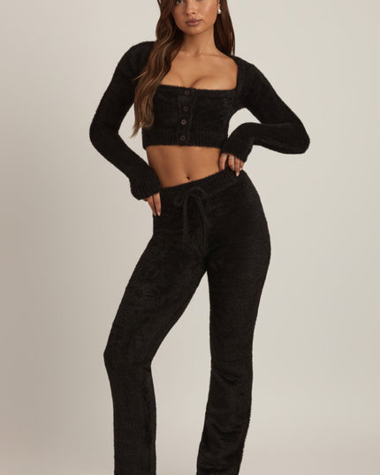 Black Fluffy Knit Wide-Leg Trousers