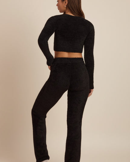 Black Fluffy Knit Wide-Leg Trousers