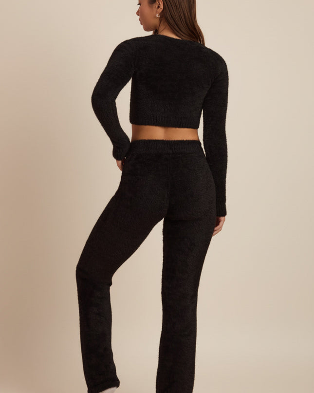 Black Fluffy Knit Wide-Leg Trousers