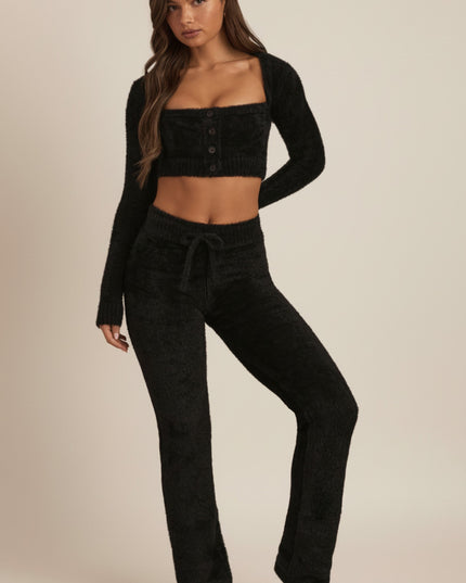 Black Fluffy Knit Wide-Leg Trousers