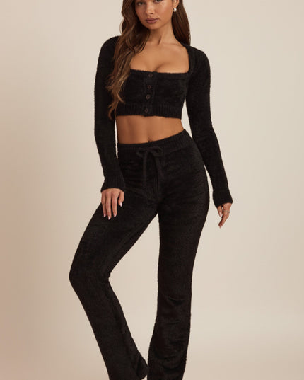 Black Fluffy Knit Wide-Leg Trousers