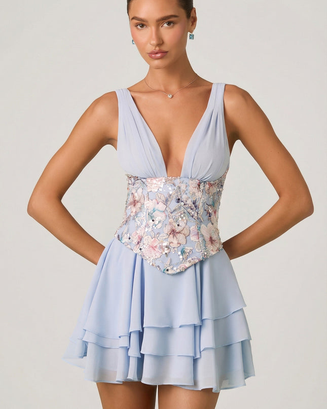 Floral Blue Embellished Ruffled Corset Mini Dress