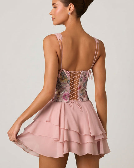 Floral Pink Embellished Ruffled Corset Mini Dress