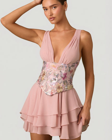Floral Pink Embellished Ruffled Corset Mini Dress