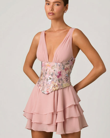 Floral Pink Embellished Ruffled Corset Mini Dress